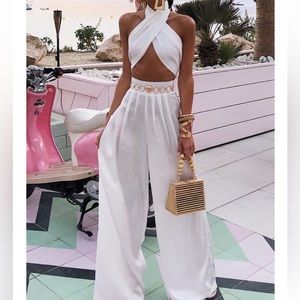 BRAND NEW TWO PIECE SET; MULTI WAY TIE CROP TOP AND PALAZZO PANTS IN WHITE